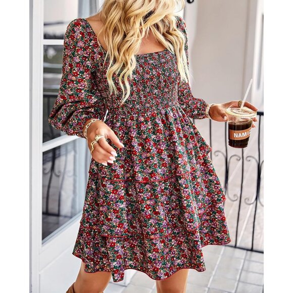 Women's Floral/Swiss Dot Long Sleeve Mini Dress Boho Vacation Wedding - Picture 2 of 5